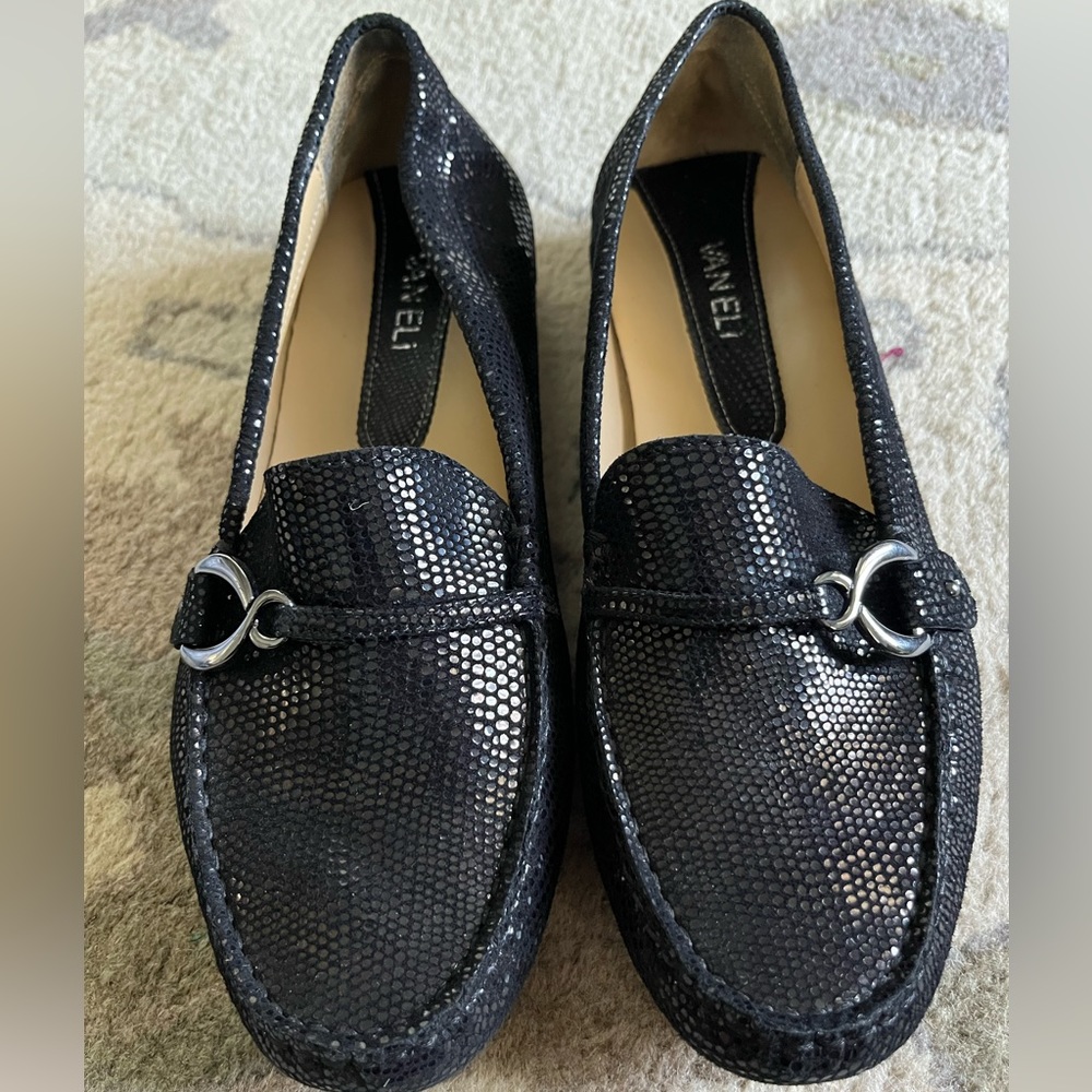 Vaneli Black Metallic Loafers with Silver Horsebit